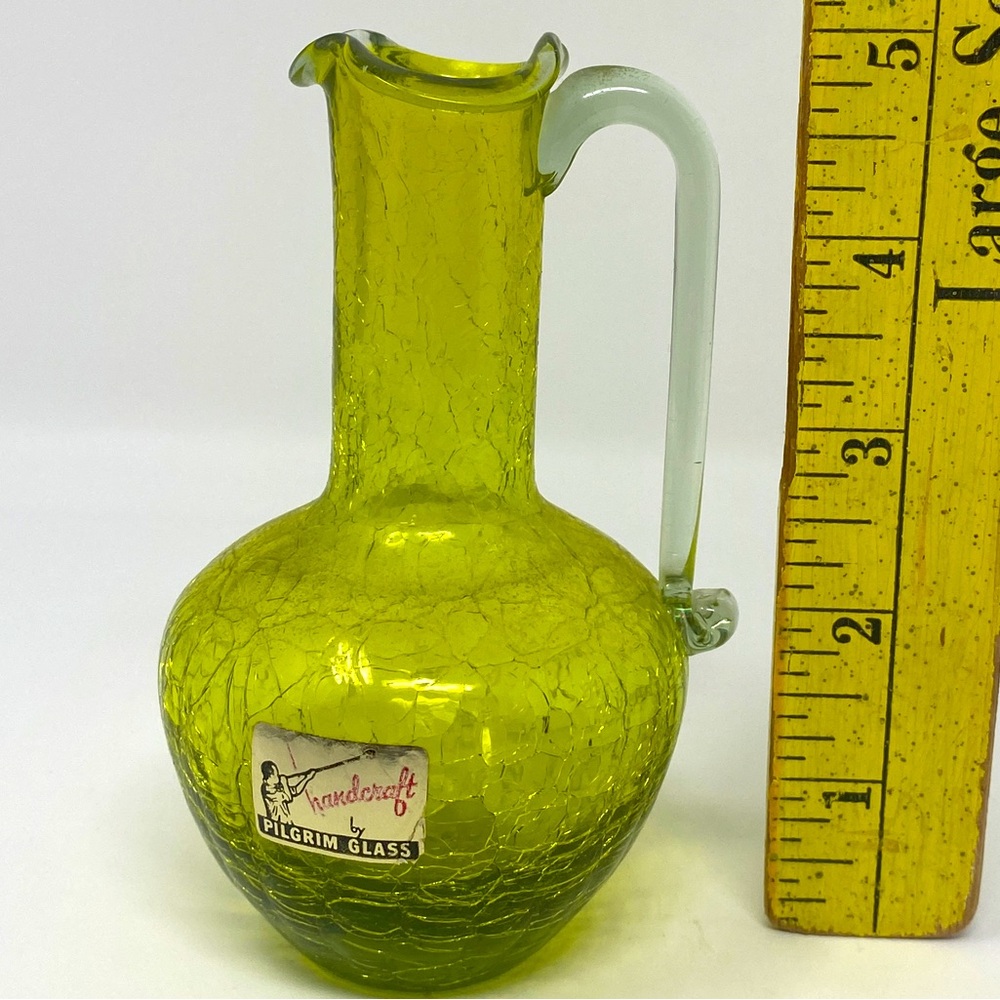 Vintage Crackle Glass Mini Pitcher pilgrim Hand Blown 5"H Avocado Green